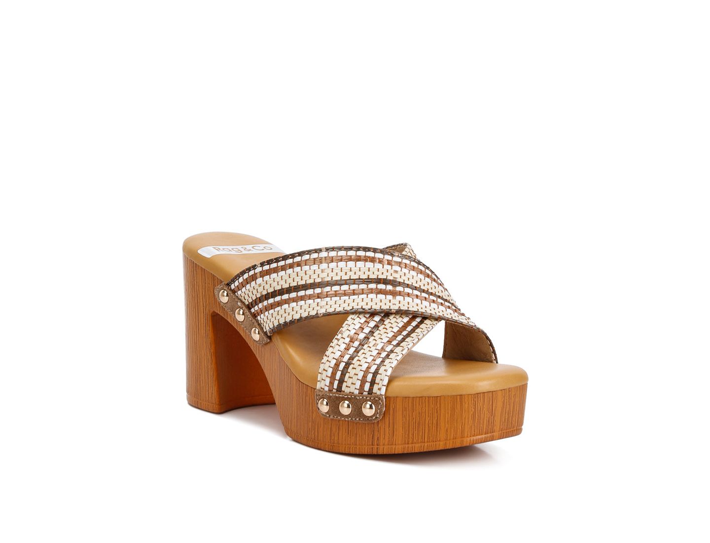 Женские сабо Rag & Co Finley Raffia High Block Heel, цвет: Бежевый / Хаки — фото 3