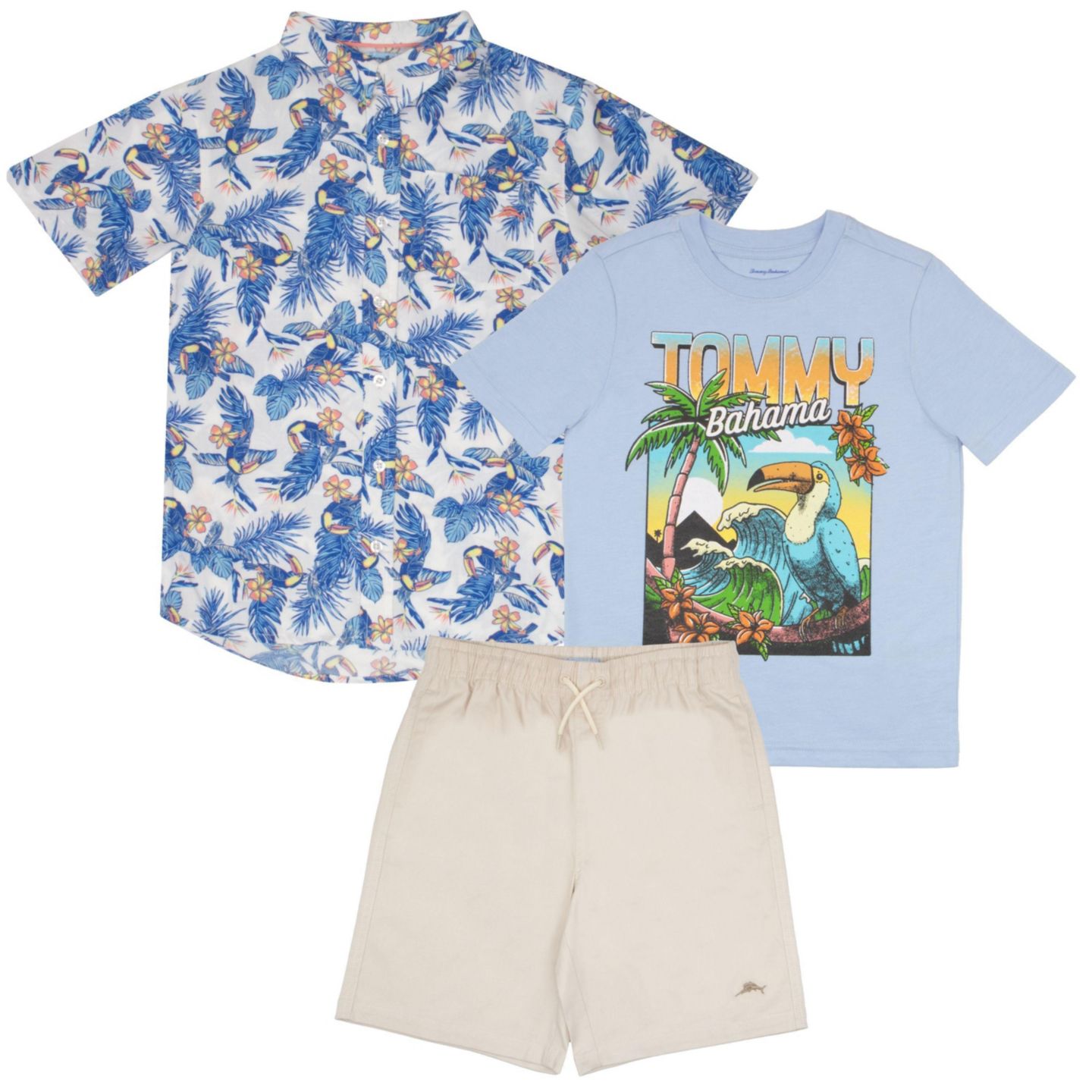 Комплекты Tommy Bahama Classic Woven Button Down Shirt, Tees and Shorts Outfit Set для мальчиков, цвет: Синий / Кремовый — фото 1