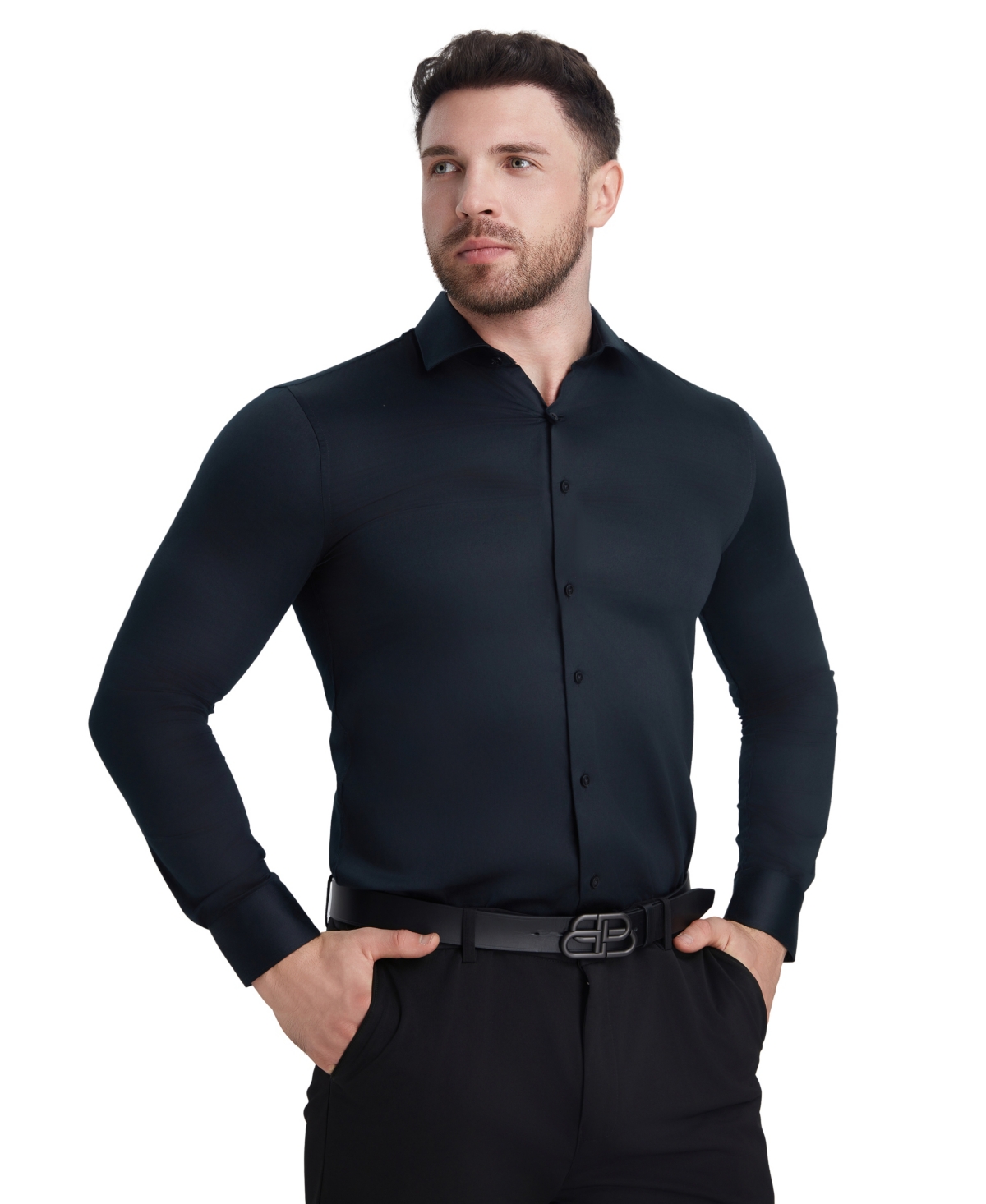 Perry Ellis Solid Sateen Slim Fit Dress Shirt In Black