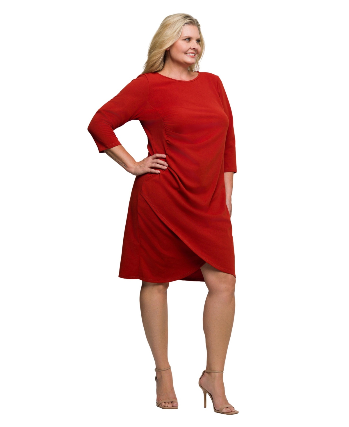 24seven Comfort Apparel Plus Size Three Quarter Sleeve Ruched Tulip Hem Mini Dress In Red