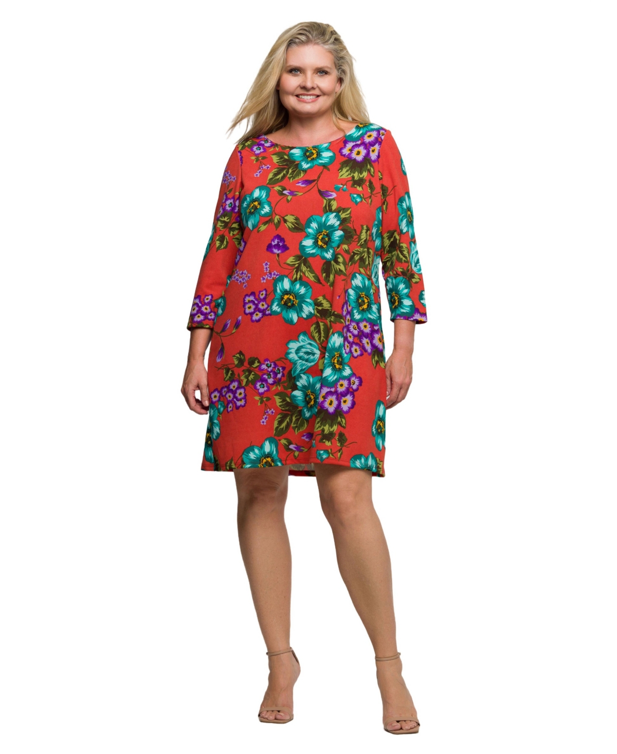 24seven Comfort Apparel Plus Size Orange Floral Print Three Quarter Sleeve A Line Knee Length Dress In Multi