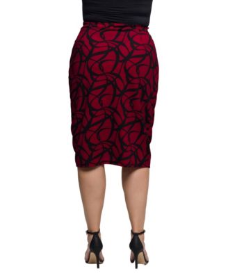 Plus Size Burgundy Print Ruched Knee Length Skirt