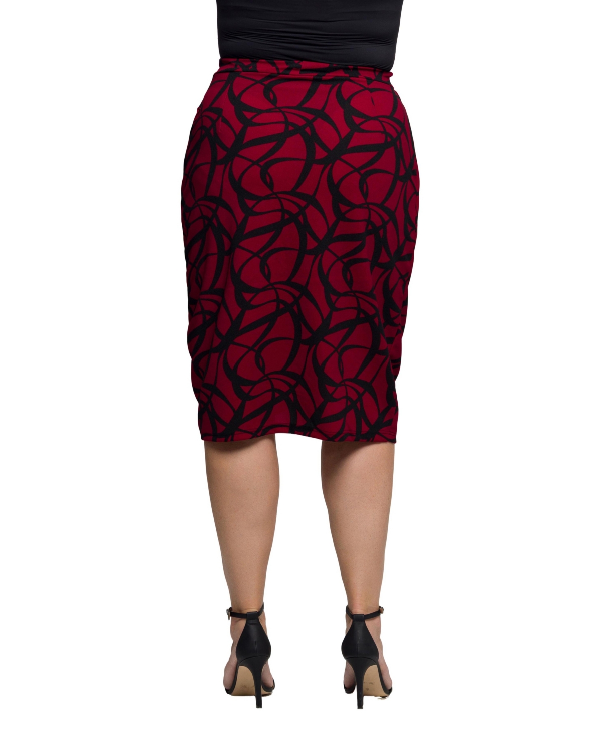 24seven Comfort Apparel Plus Size Burgundy Print Ruched Knee Length Skirt In Multi
