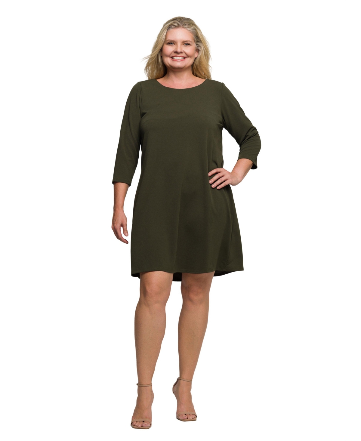 24seven Comfort Apparel Plus Size Three Quarter Sleeve A Line Knee Length Dress In Green