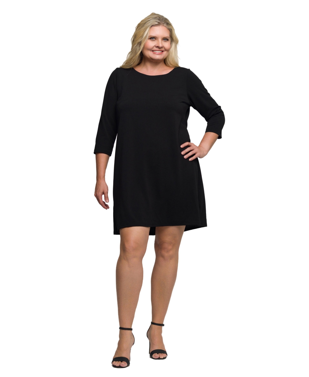 24seven Comfort Apparel Plus Size Three Quarter Sleeve A Line Knee Length Dress In Black