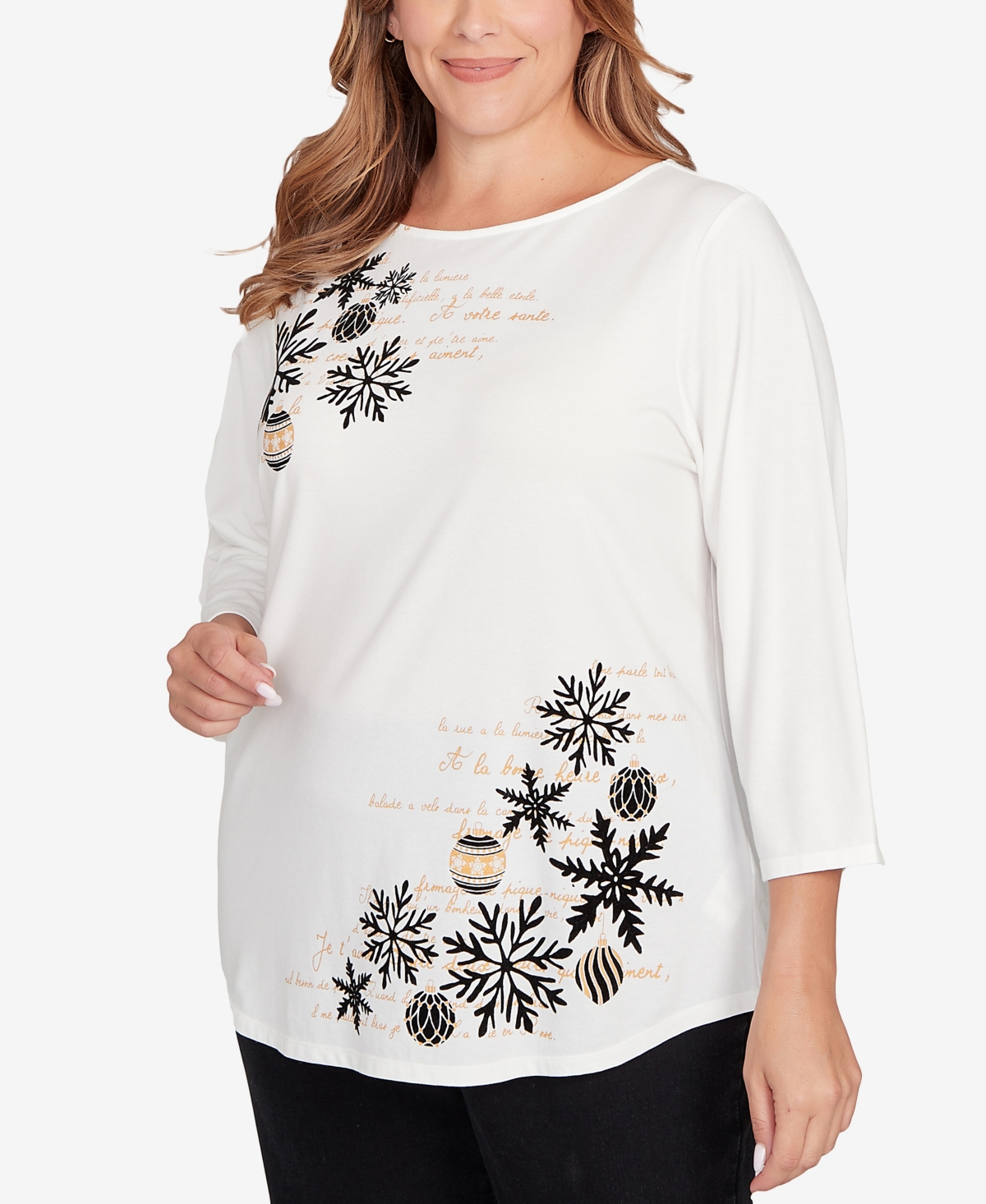 Ruby Rd. Plus Size Snowflake Script Knit Top In White