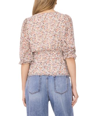 Women's Smocked Waist 3/4-Sleeve Button Down Blouse