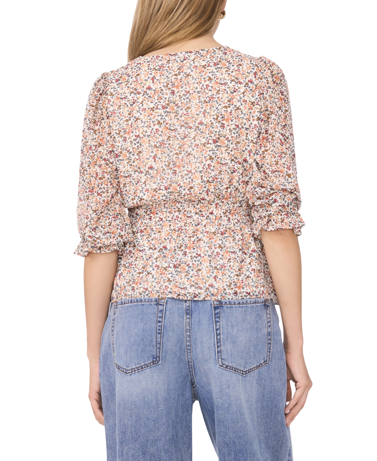 1.state Women's Smocked Waist 3/4-Sleeve Button Down Blouse