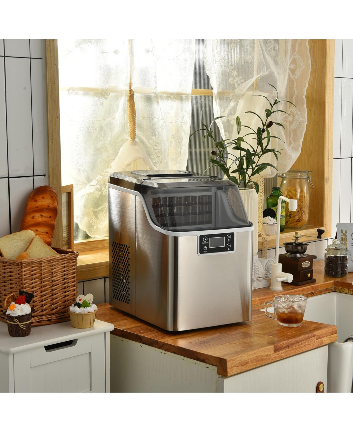 44 lbs Stainless Portable Countertop Self-Clean Ice Maker, 24 Square Cubes with Lcd Display