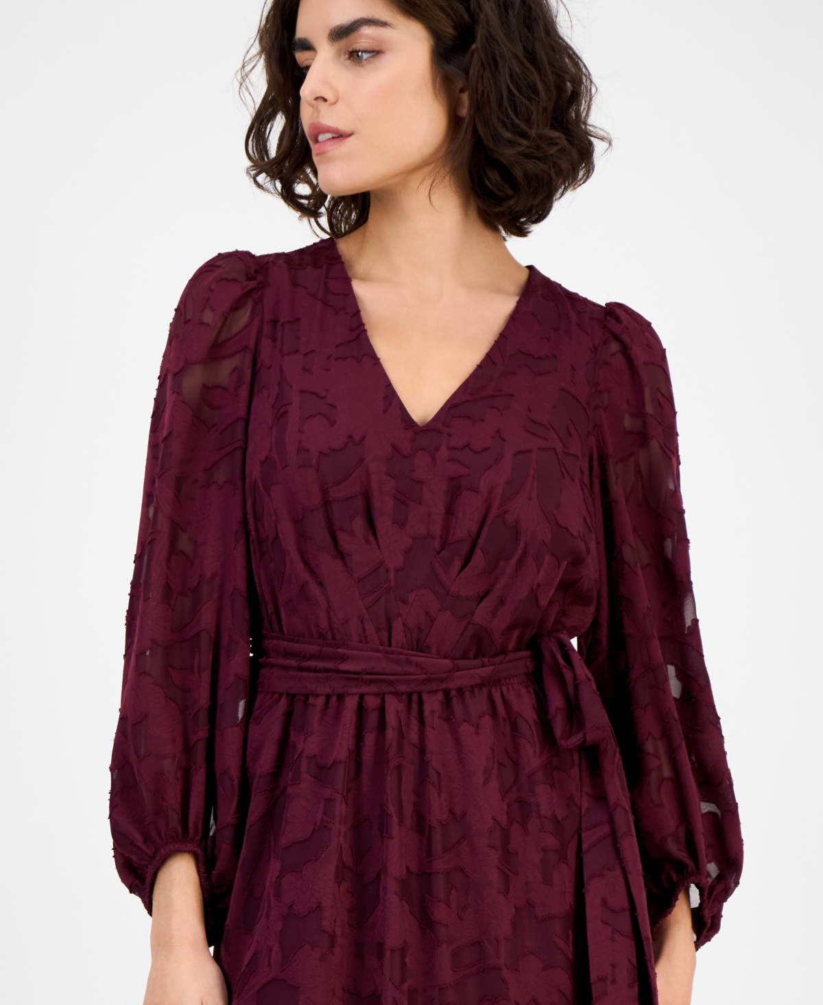 Anne Klein Floral Appliqué Long Sleeve Dress In Burgundy