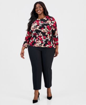 Plus Size Printed 3/4-Sleeve Tie-Waist Top