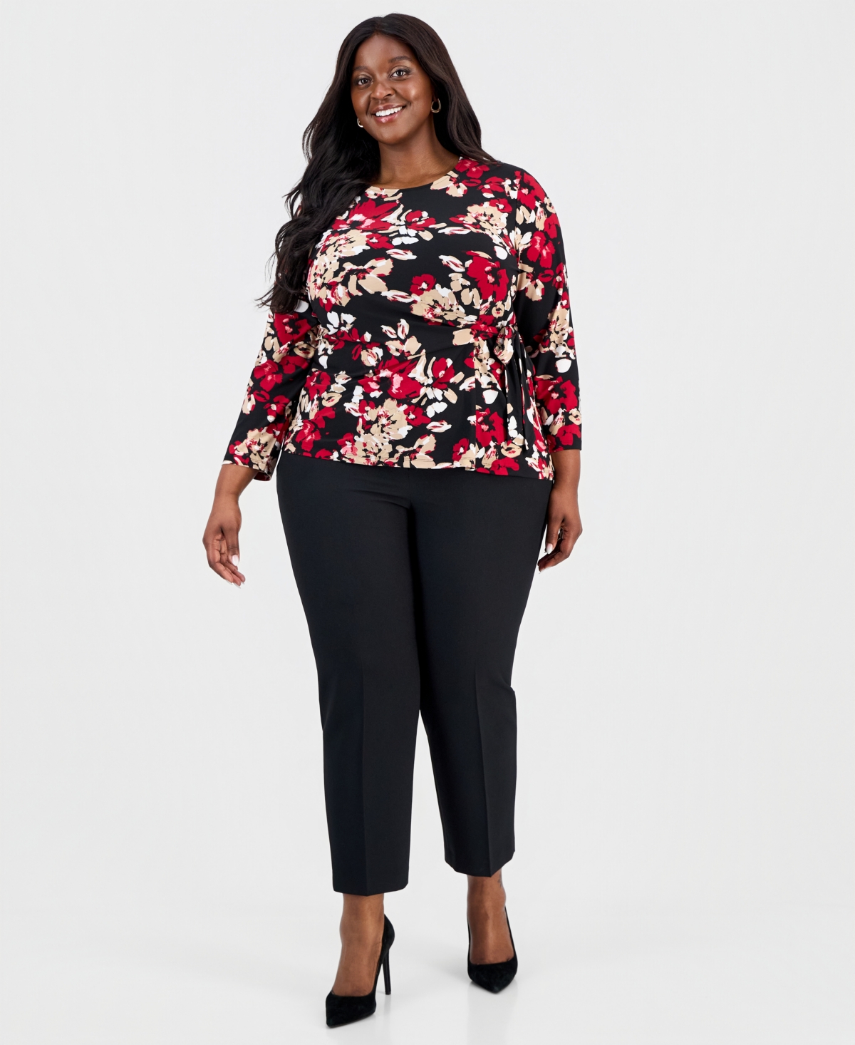 Kasper Plus Printed 3/4-Sleeve Tie-Waist Top