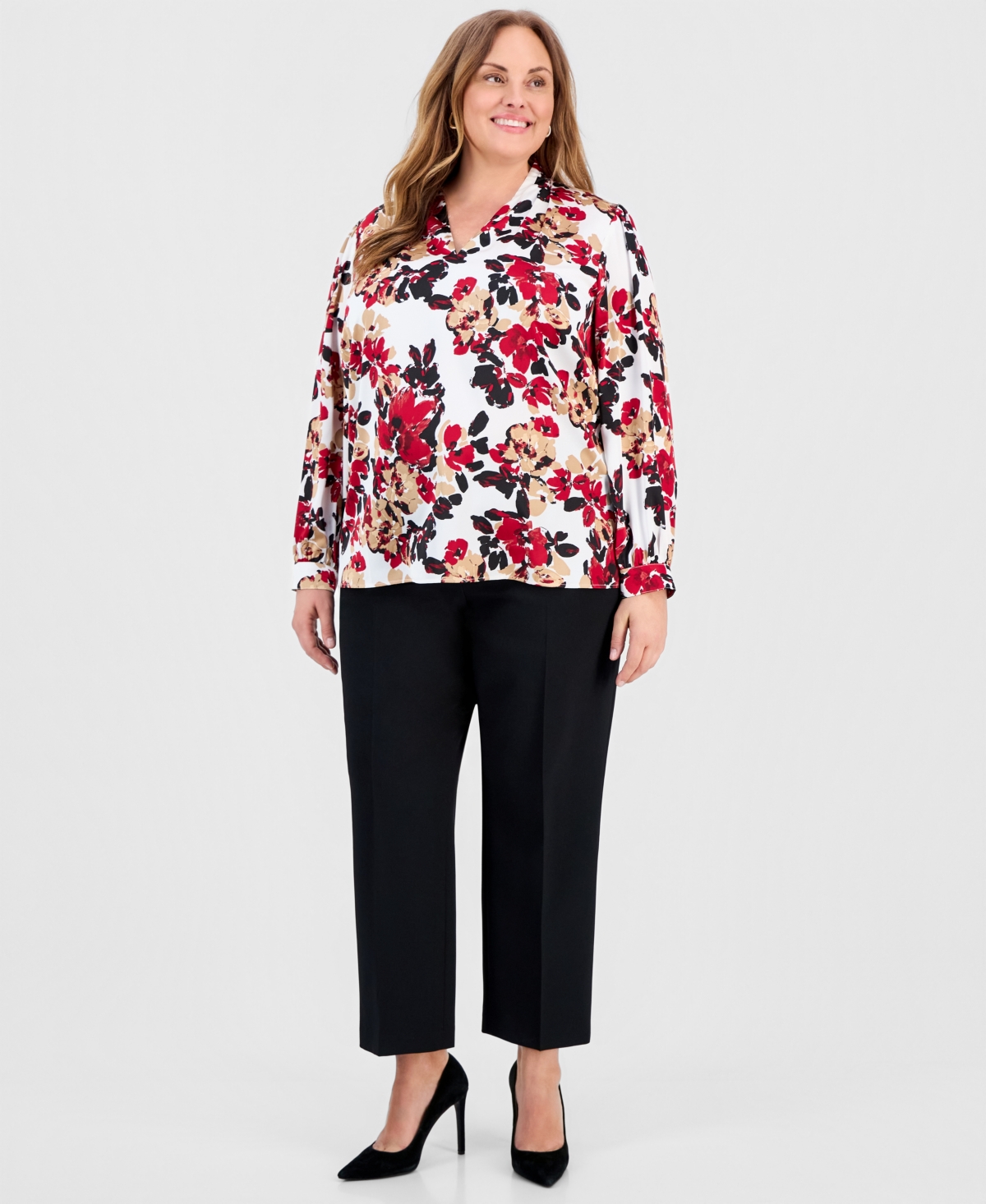 Kasper Plus Printed Satin V-Neck Top