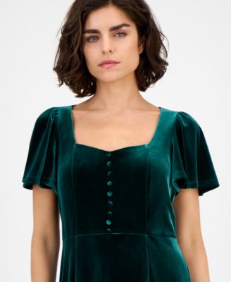 Women's Sweetheart-Neck Puff Sleeve Velvet Midi Dress
