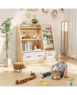 Wooden Kids Storage Organizer Shelf with Book Rack and Fabric Bins