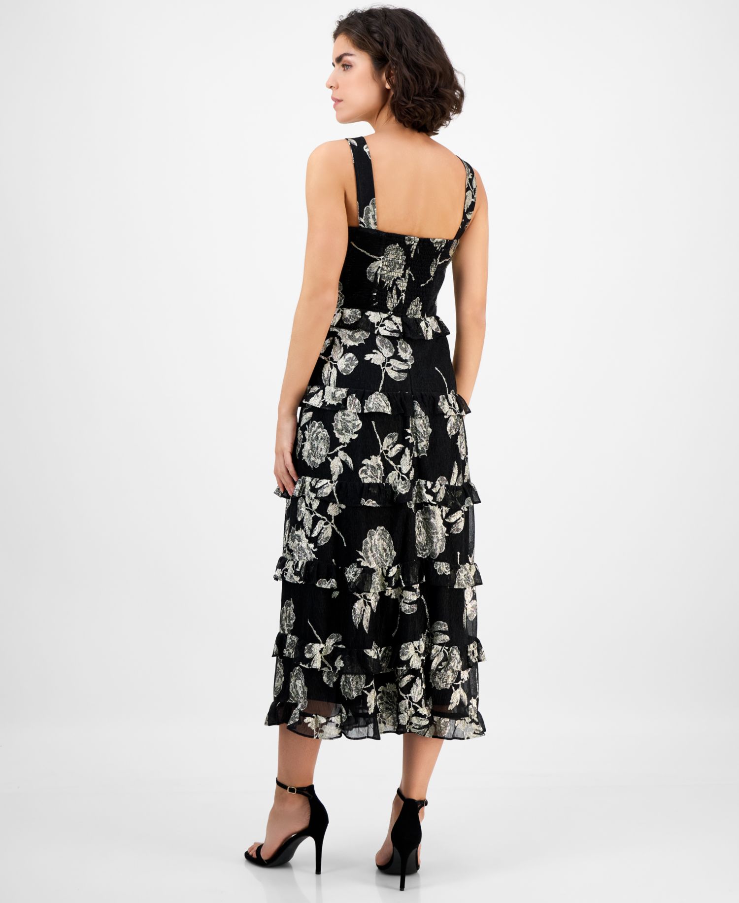 Women's Square-Neck Tiered Foil Midi Dress