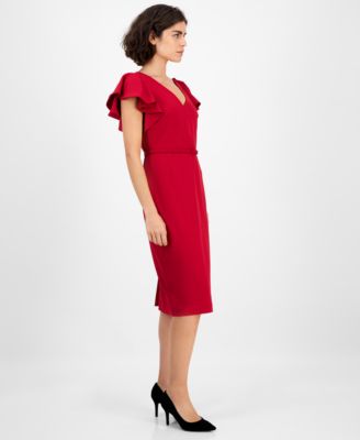 Women's V-Neck Ruffle-Sleeve Sheath Dress