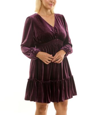 Plus Size V-Neck Long-Sleeve Smocked-Waist Velvet Dress