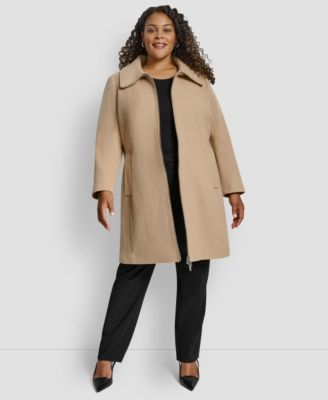 Plus Size Belted Zip-Up Wool Coat