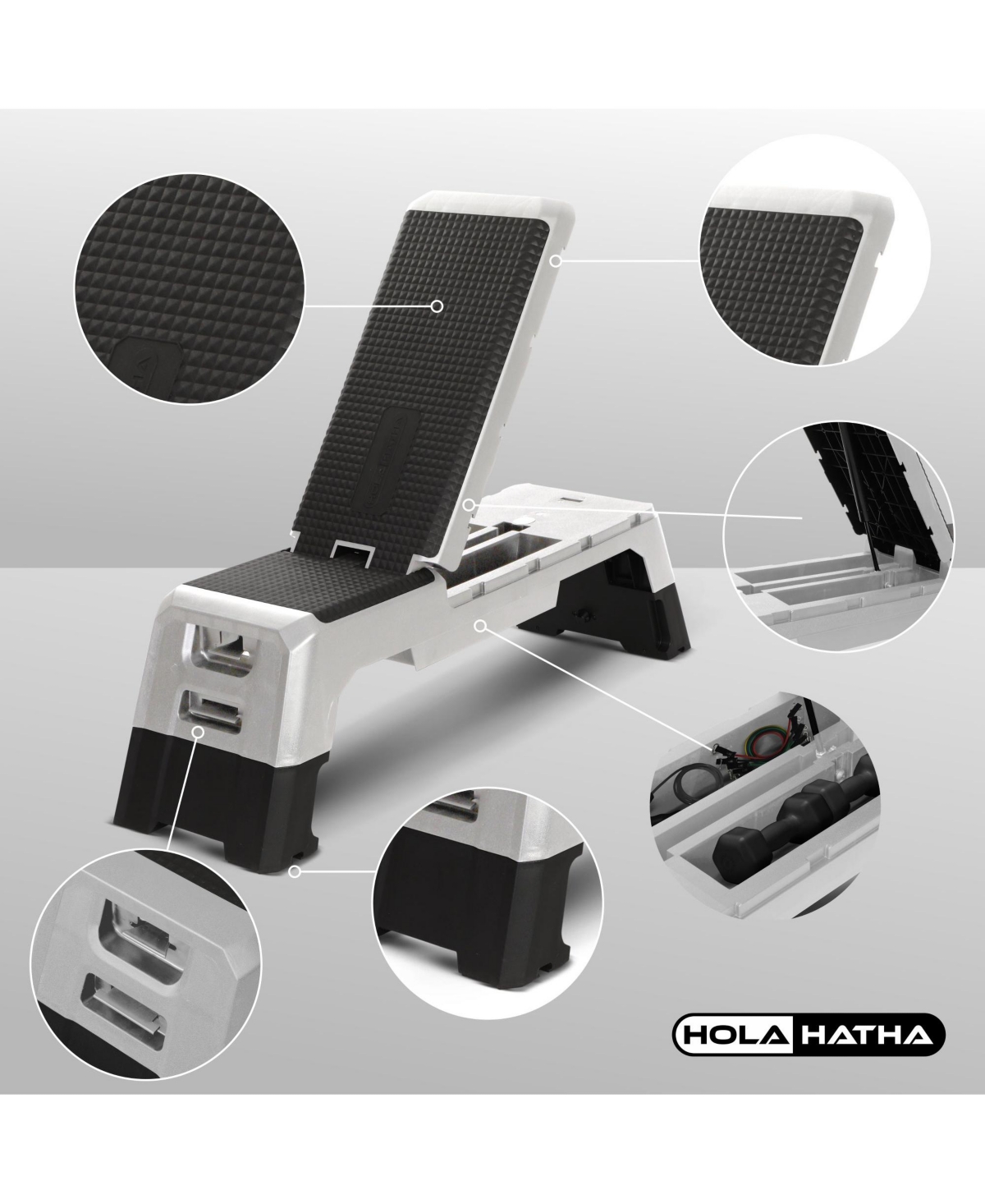 HolaHatha Adjustable Stepper, Fitness Aerobic Deck w/Storage Compartment, Silver
