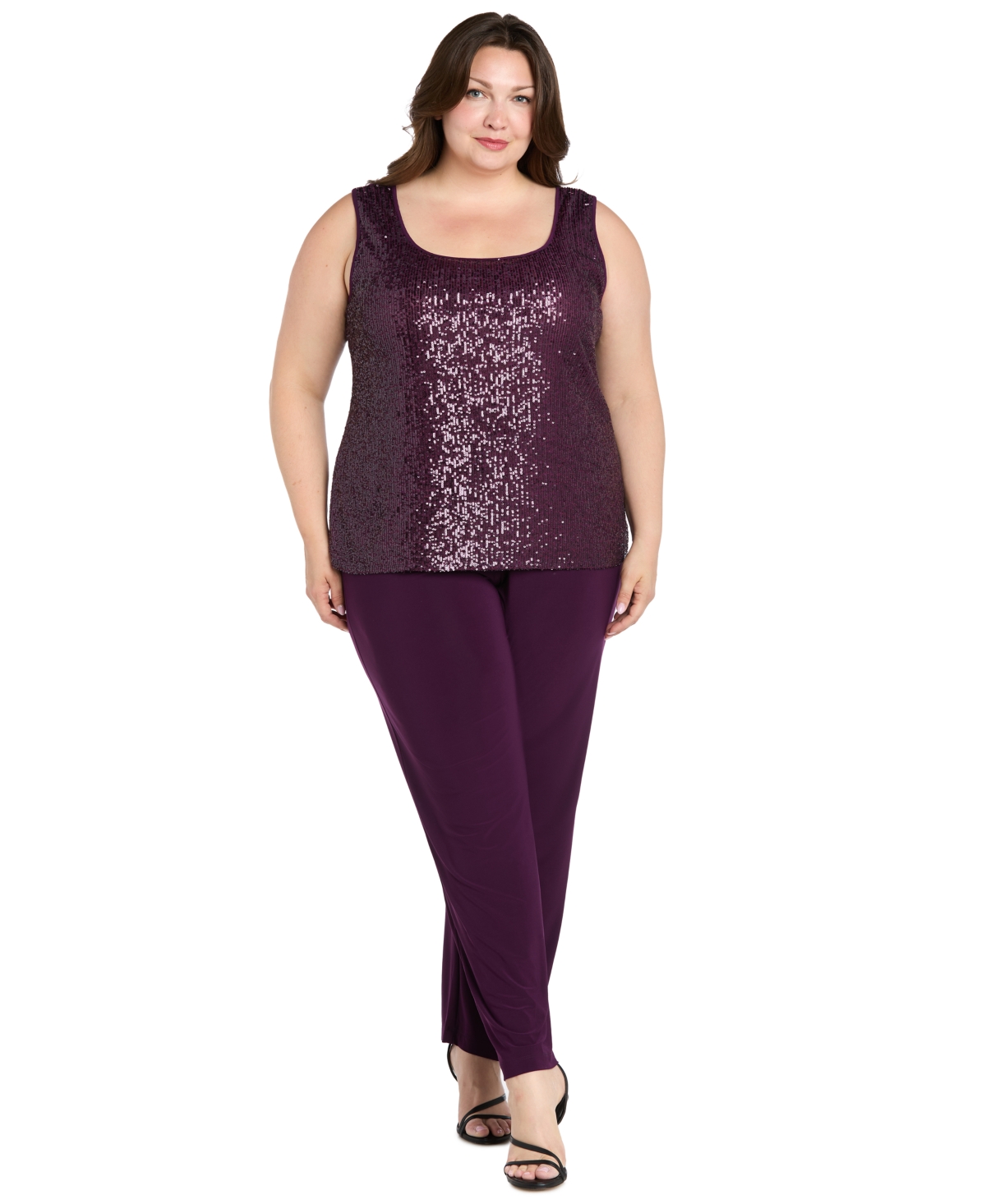 R & M Richards Plus Size Sequined Sleeveless Top, Open-front Jacket & Pants Set In Purple