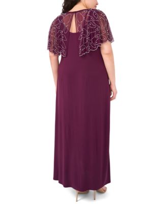 Plus Size Round Neck Beaded Cape Formal Dress
