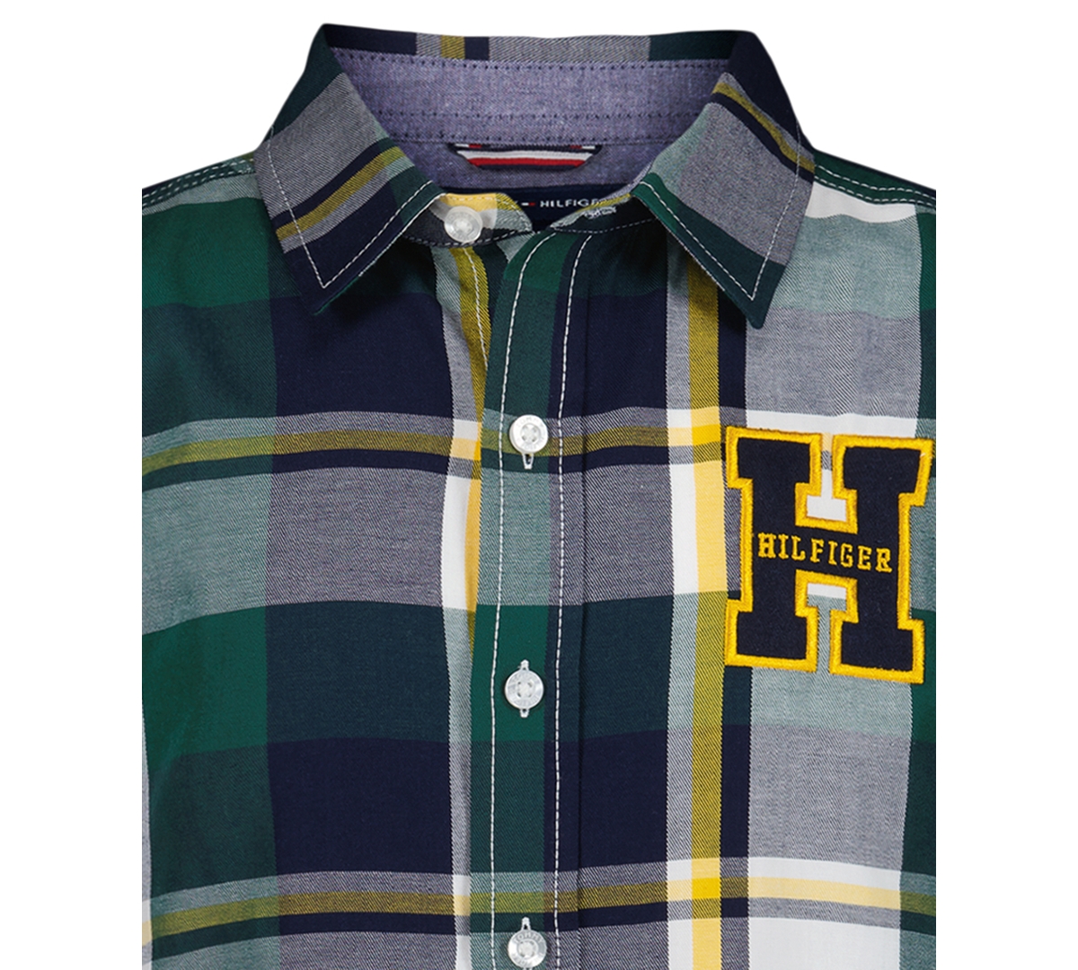 Tommy Hilfiger Boys 2t-7 Patch Plaid Point Collar Shirt In Green