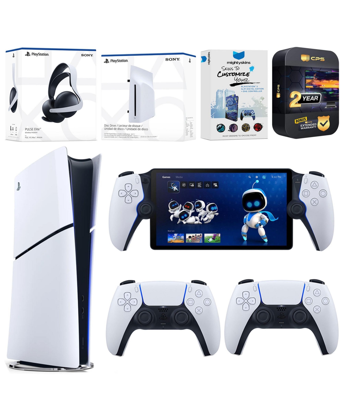 Sony PlayStation 5 Slim Digital Bundle with Disc Drive, Extra Controller, Pulse Elite Headset, PlayStation Portal, MightySkins Voucher and 2 Year Exte