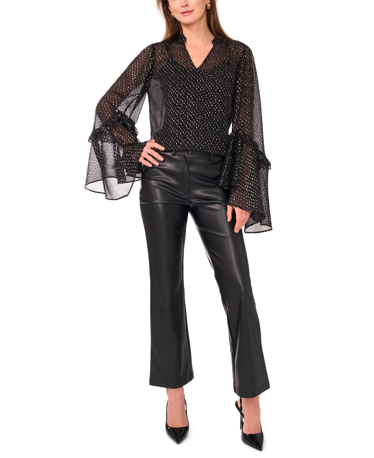 Vince Camuto Metallic Print Ruffle Sleeve Chiffon Top In Black