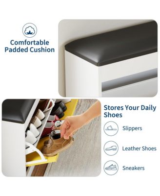 31.5" Shoe Storage Bench, Modern Entryway Shoe Cabinets with Flip Drawer & PU Cushion, White Shoe Organizer Cabinet