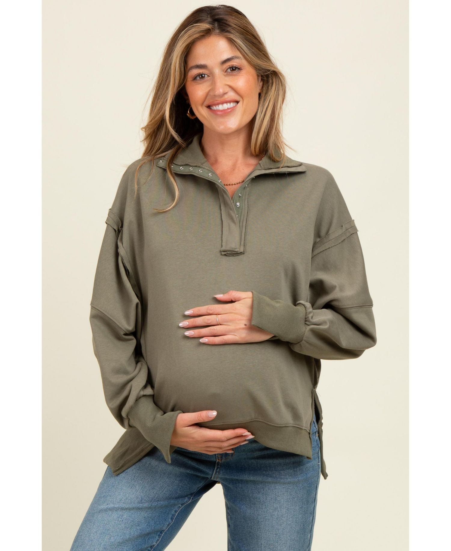 Women's Olive Snap Button Pullover Henley Sweatshirt