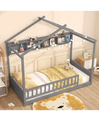 Twin Size House Bed w/Storage Shelf Headboard & Guardrail Wooden Slat Support