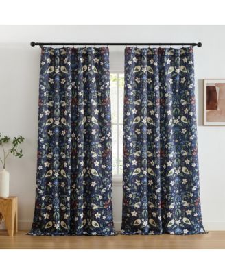 Florence Floral & Birds Patterned Window Back Tab Rod Pocket Curtains Bedroom - Light Blocking Darkening Window Panels, Set of 2