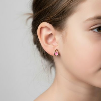 Kids 14K Gold Plated Colored Enamel Heart-Shaped Lock Earrings