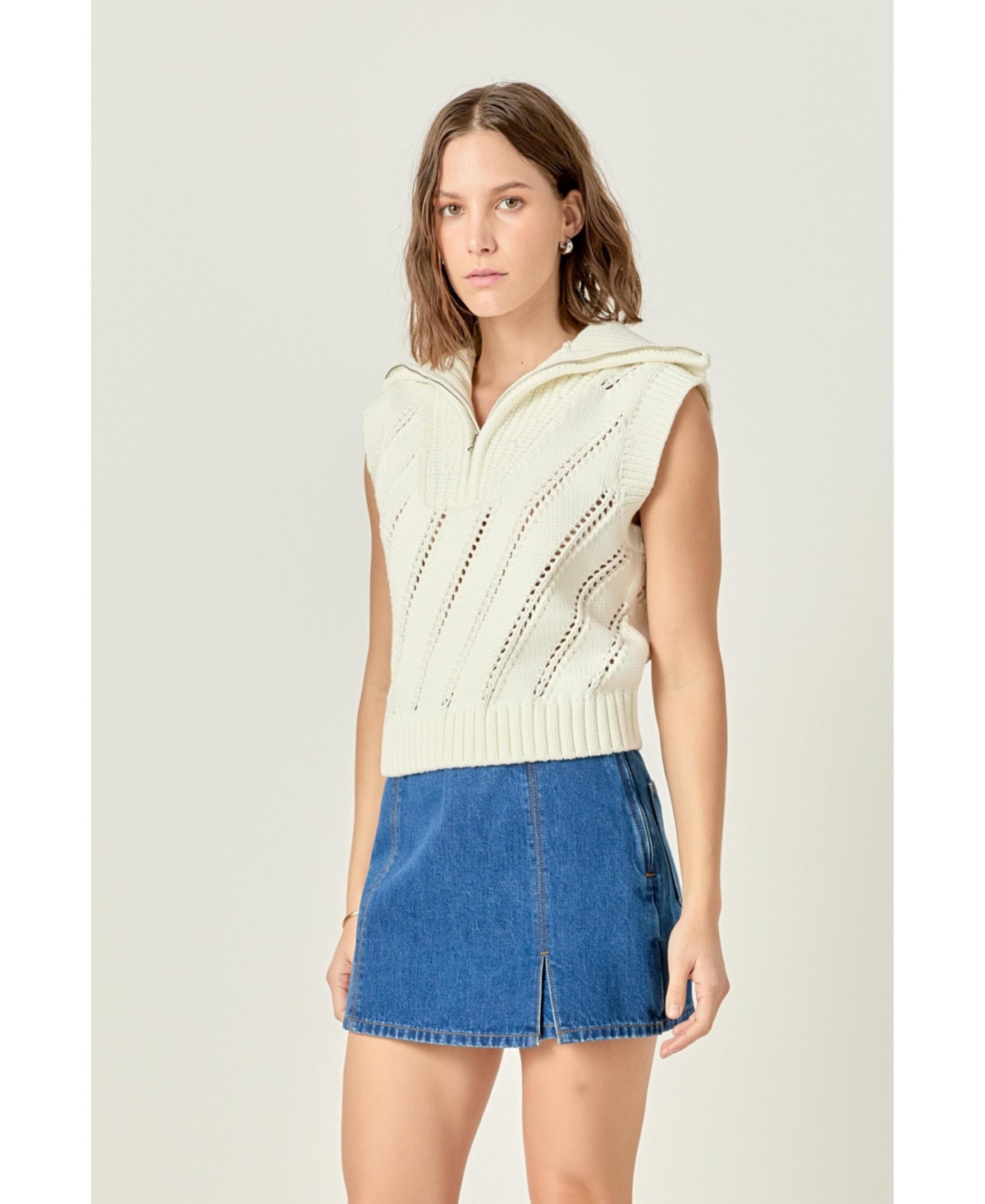 English Factory Women's Sleeveless Collar Zip Up Knit