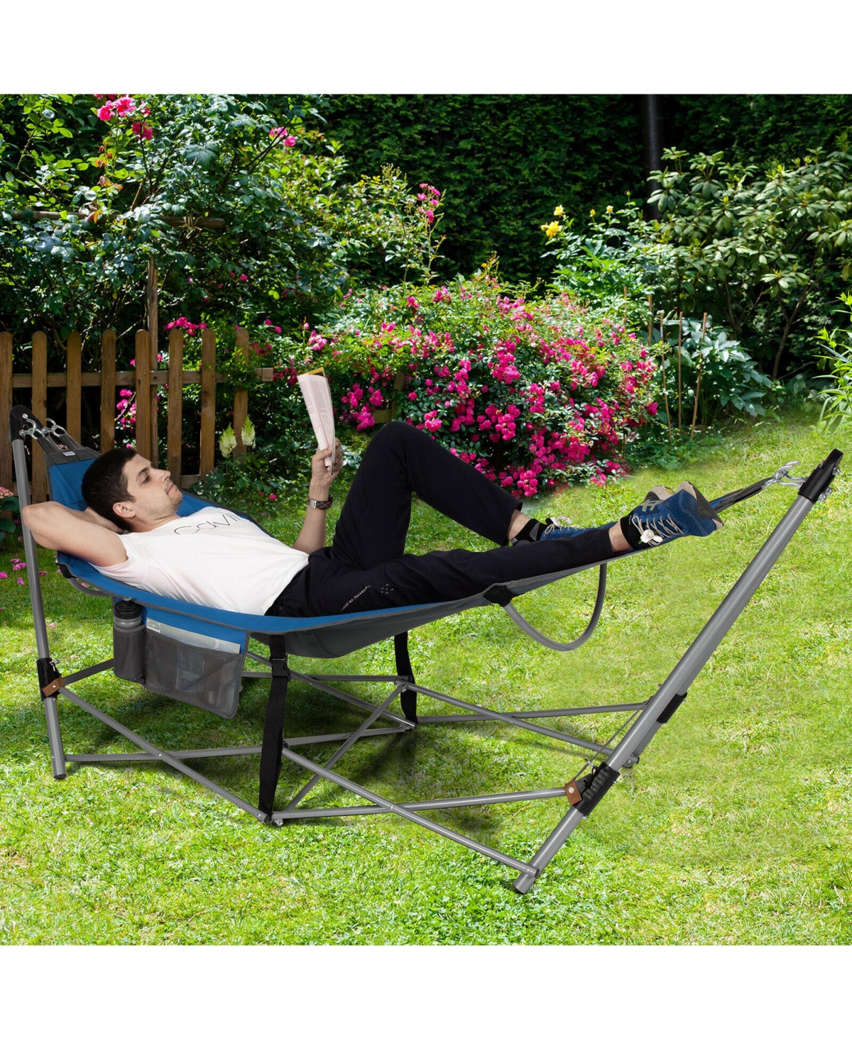 Gymax Folding Hammock Indoor & Outdoor with Side Pocket Iron Stand