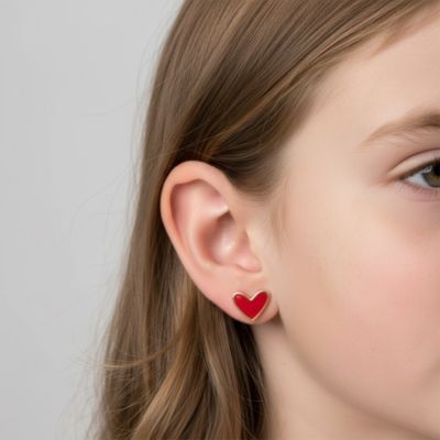 14K Gold Plated with Red Enamel Heart Stud Earrings