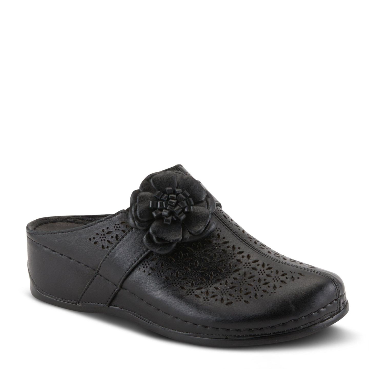 Женские сабо Spring Step Azura Lilybean Leather Perforated Clogs with Floral Applique and Open Back, цвет: Чёрный — фото 1