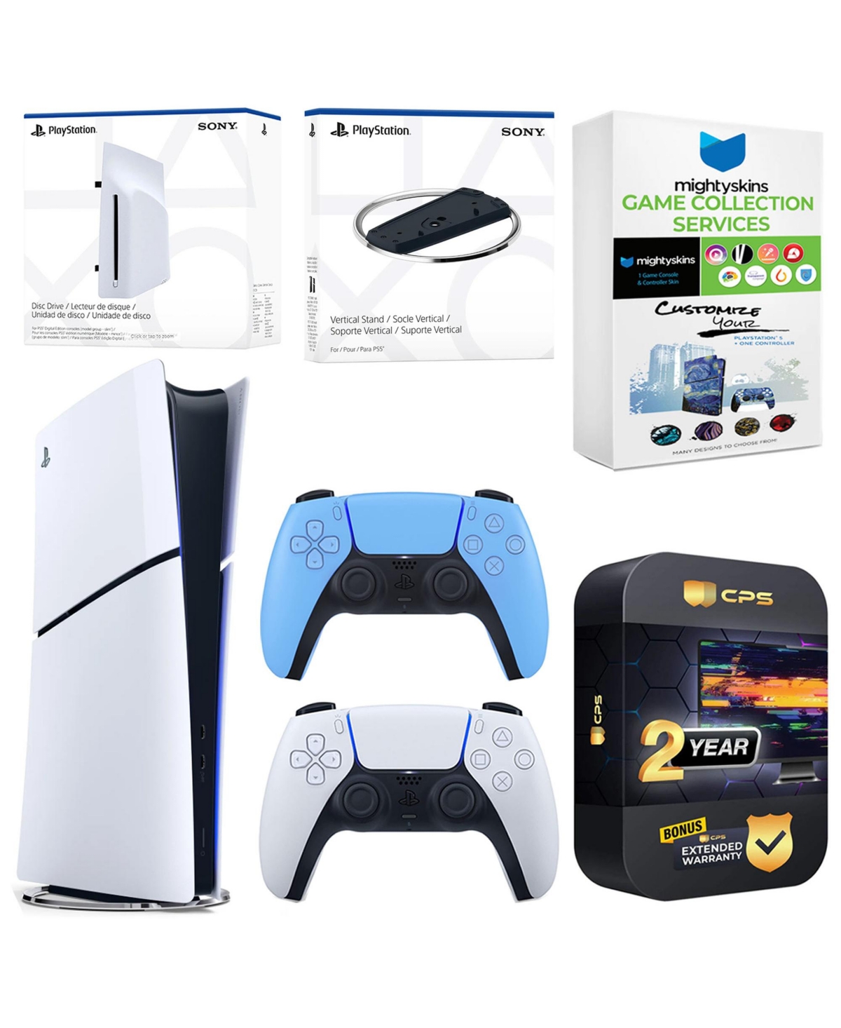 Sony PlayStation 5 Slim Digital Bundle with Disc Drive, Extra Controller, Vertical Stand, MightySkins Game Collection Services and 2 Year Extended War