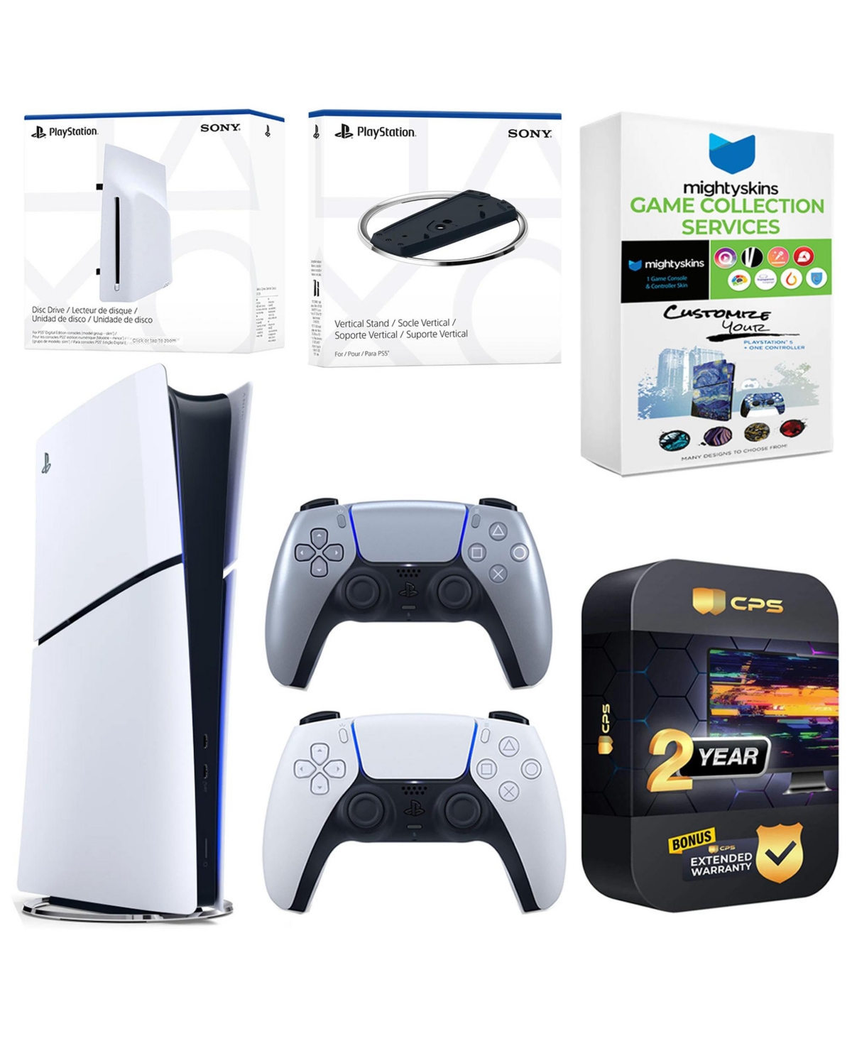 Sony PlayStation 5 Slim Digital Bundle with Disc Drive, Extra Controller, Vertical Stand, MightySkins Game Collection Services and 2 Year Extended War