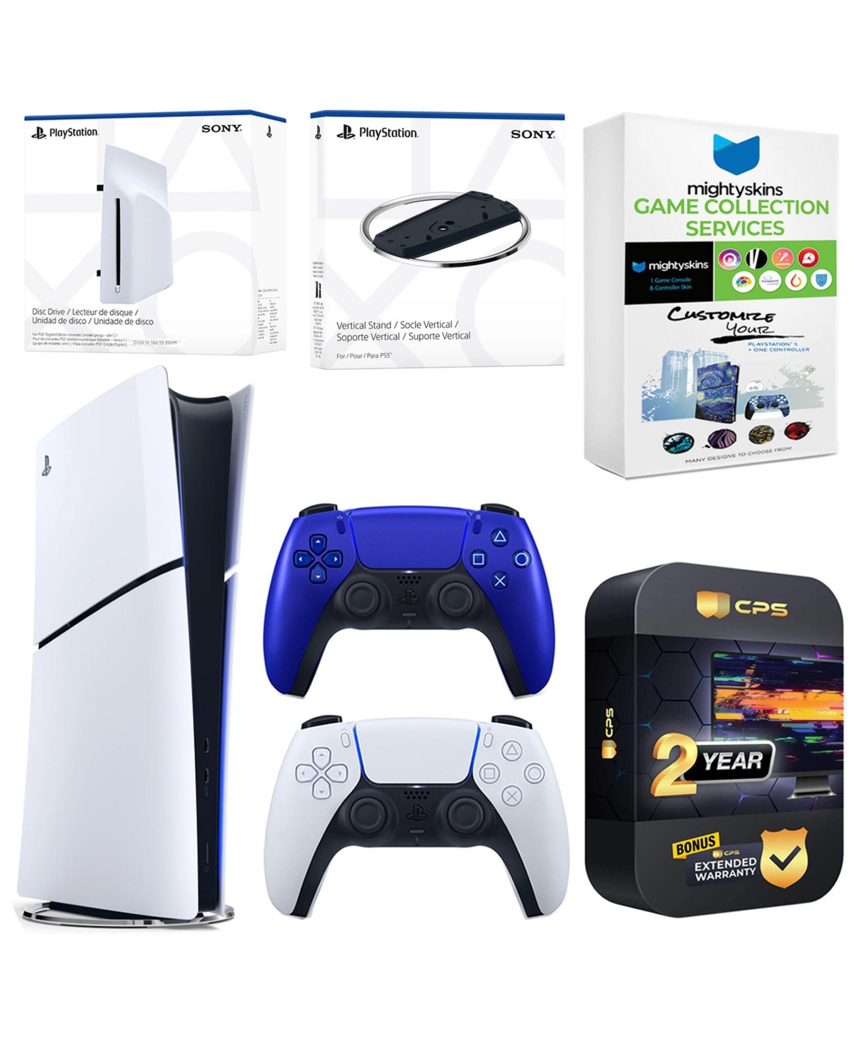 Sony PlayStation 5 Slim Digital Bundle with Disc Drive, Extra Controller, Vertical Stand, MightySkins Game Collection Services and 2 Year Extended War