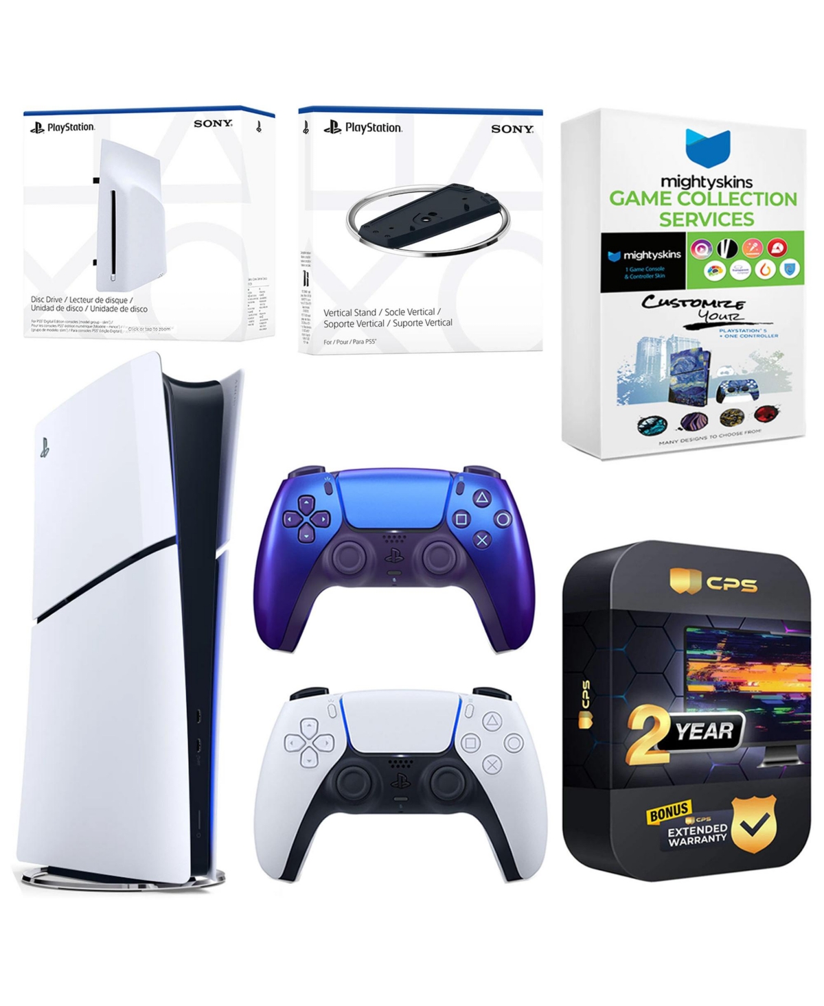 Sony PlayStation 5 Slim Digital Bundle with Disc Drive, Extra Controller, Vertical Stand, MightySkins Game Collection Services and 2 Year Extended War