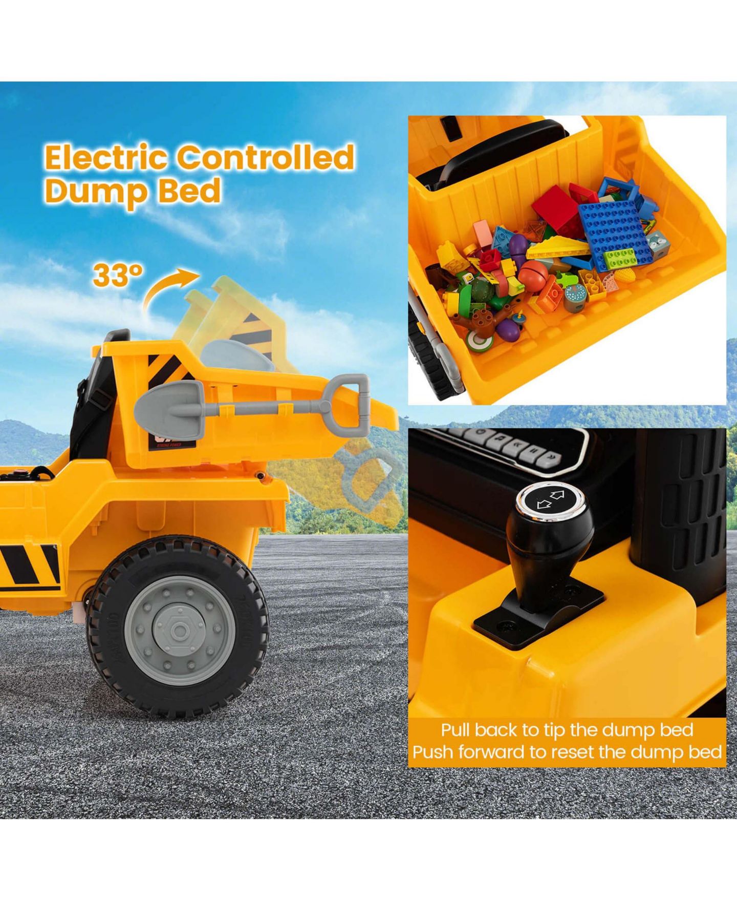 Детская игрушка Costway Ride-On Dump Truck with Remote Control and LED Lights, от 3 лет, цвет: Жёлтый — фото 6