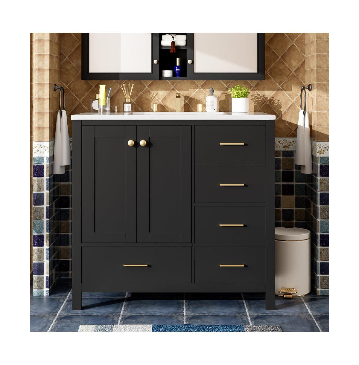 Chic Crate-36In Bathroom Vanity Ceramic Sink w/4 Drawers & Soft-Close Doors | Solid Wood Frame | Freestanding | Black