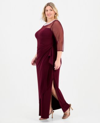 Plus Size Illusion-Trim Ruffled Gown