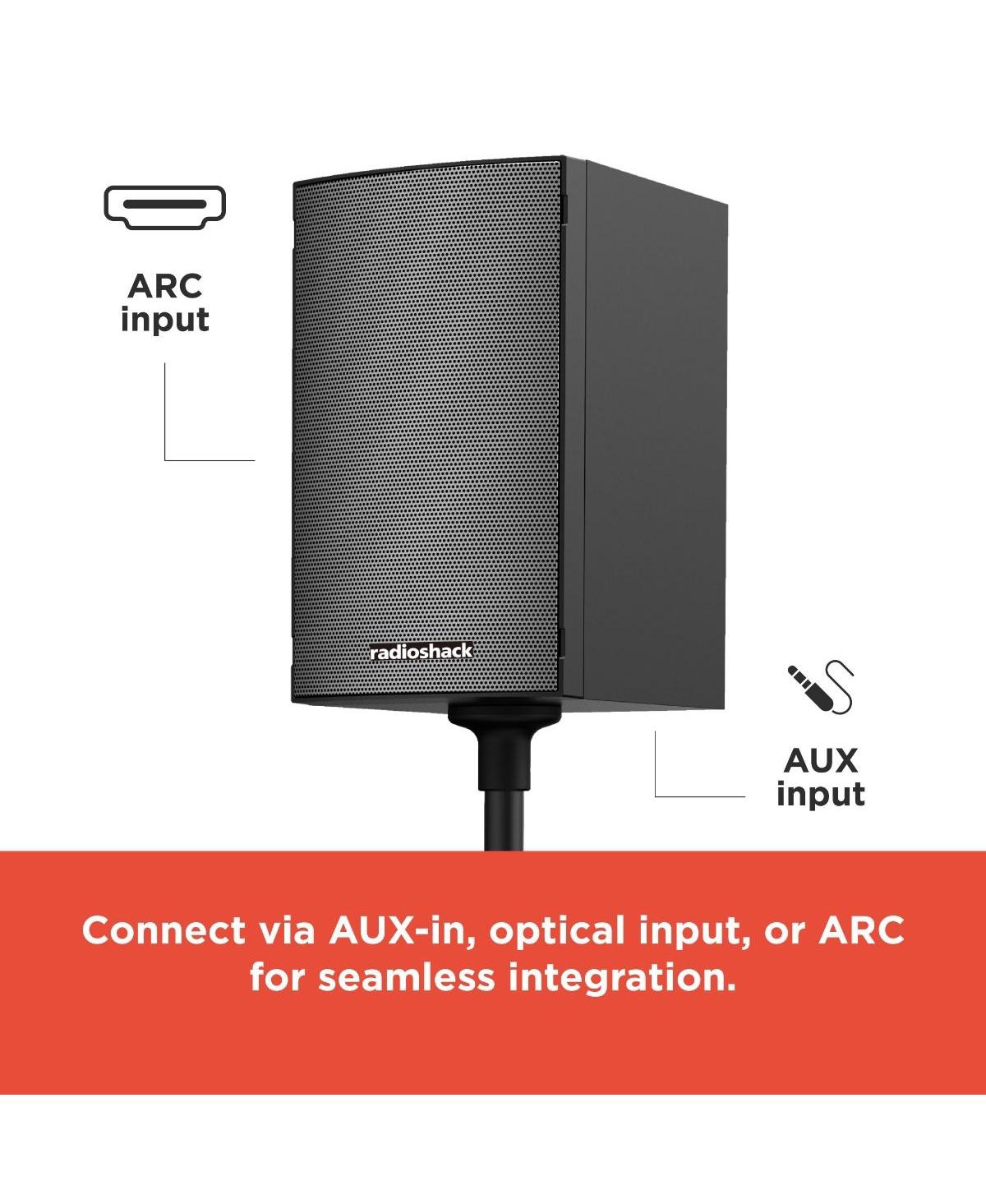 RadioShack 240W Sound System with Arc and Aux Input 1 Soundbar and 2 Subwoofers With Tripod Stands and Fm Radio 4001976
