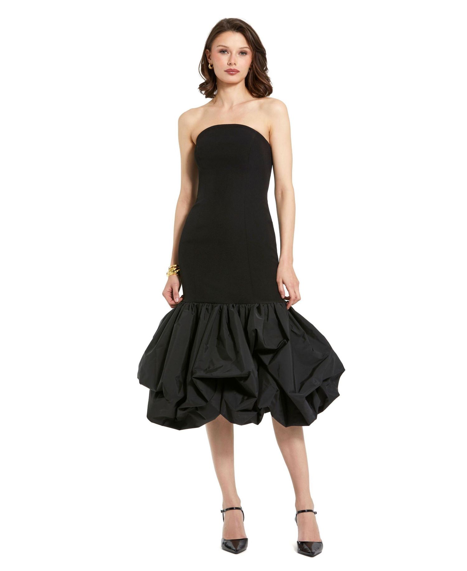 Women's Crepe Strapless Midi Dress With Taffeta Bubble Hem