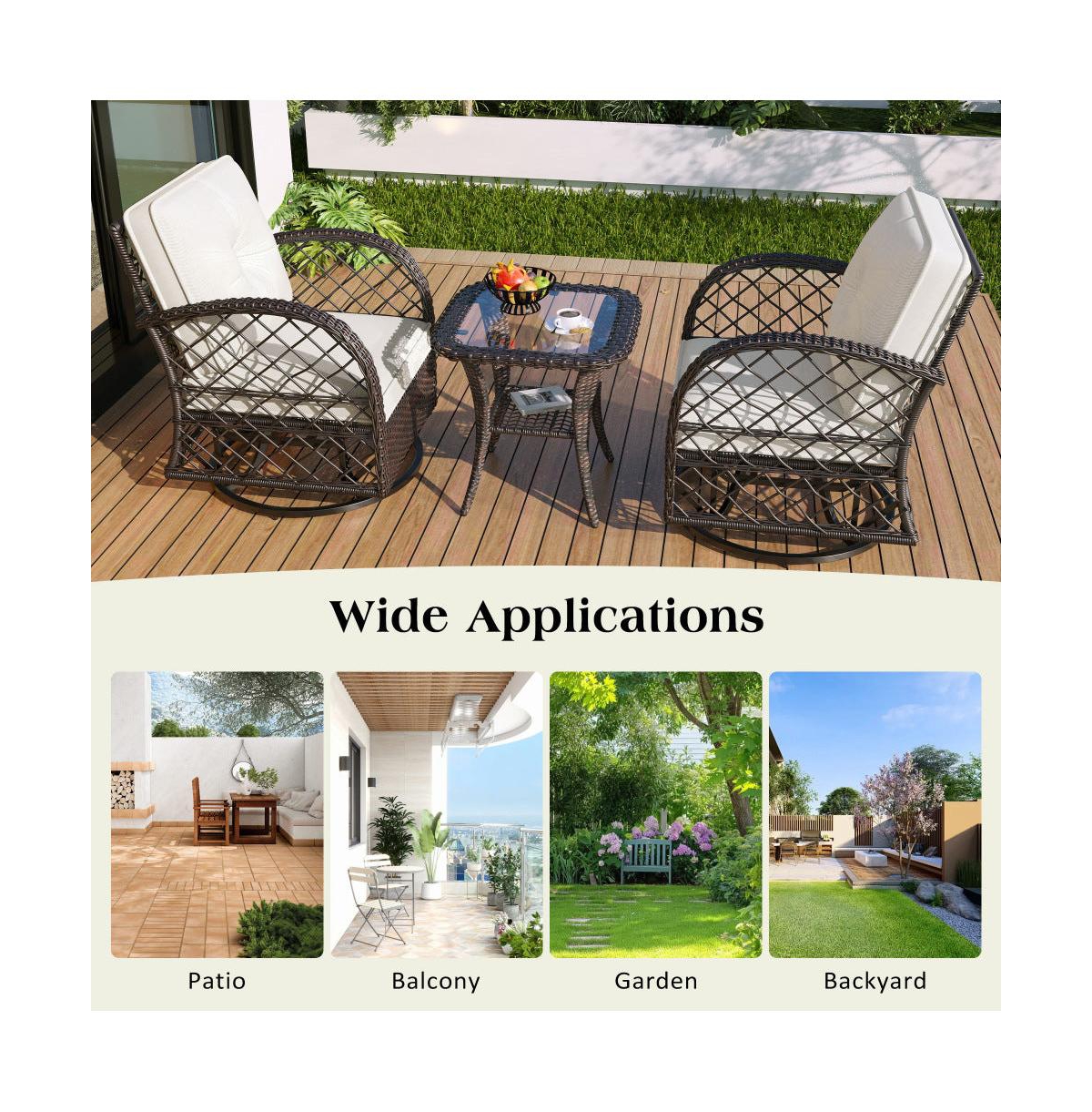 Chic Crate - 3-Piece Rattan Outdoor Furniture Set Modern Swivel Chairs & Square Table with Chat Group Design
