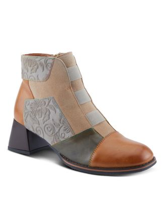 L’Artiste Women’s COPINE Multicolor Embossed Leather & Suede Booties with Velvet Lining and Chunky Heel