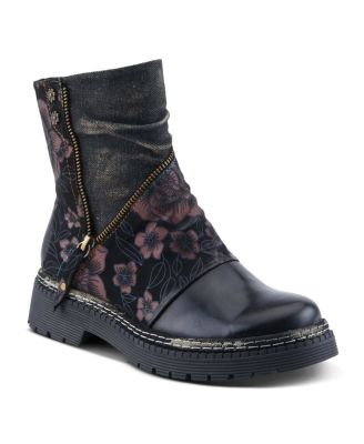 Women's Avrilrose Leather and Denim Booties with Daisy Accents, Lug Sole,Dual Zippers– Unique Mixed-Material Ankle Boots for Bold Fall Style
